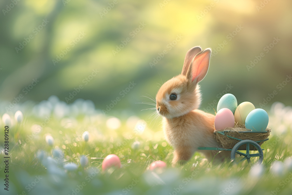 Obraz premium cute little bunny carrying a cart with easter eggs