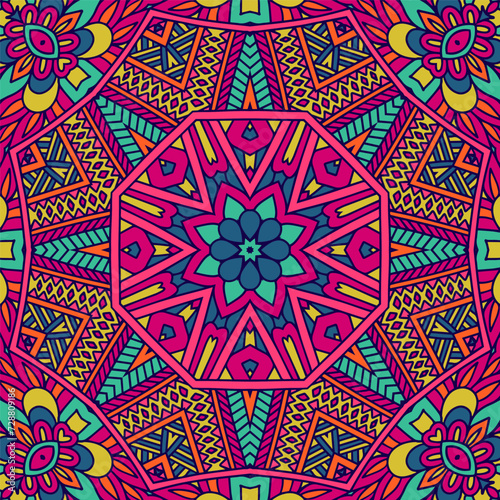 Festive colorful Psychedelic mandala star flower doodle art pattern.
