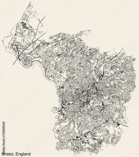 Detailed hand-drawn navigational urban street roads map of the United Kingdom city township of BRISTOL, ENGLAND with vivid road lines and name tag on solid background