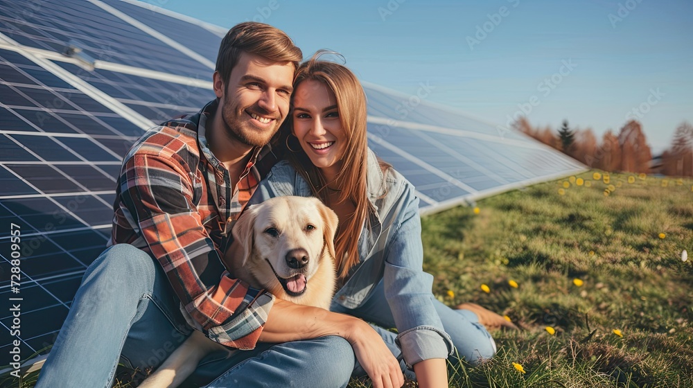 a happy couple sitting beside a solar panel, with their beloved dog, as they capture a memorable photo together, symbolizing their commitment to sustainability and love for their furry companion.