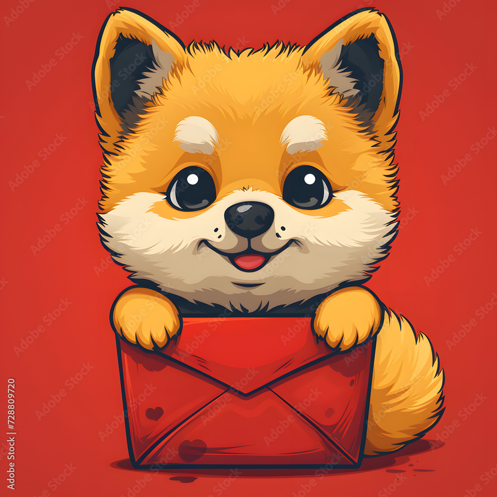 flat logo of chibi dog isolated on a red lucky envelope background
