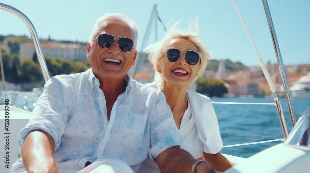 An elderly couple sits in a boat or yacht against the backdrop of the sea. Happy and smiling. Yacht trip. Sea voyage, active recreation. Celebrating wedding anniversary, St Valentine's Day concept