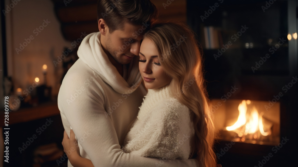 Naklejka premium Beautiful caucasian couple in white sweaters hugging while standing in front of the fireplace. Celebrating wedding anniversary, St Valentine's Day concept