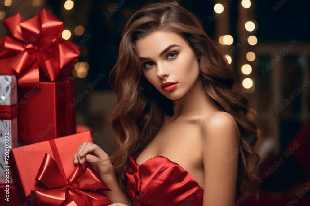 Beautiful young sexy woman thin slim figure evening makeup fashionable stylish dress clothing collection, brunette, gifts boxes red silk bows holiday party birthday New Year Christmas Valentine's Day