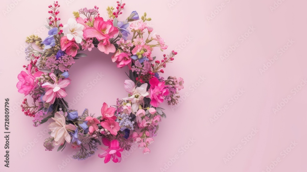 a floral wreath delicately arranged on a light background, with ample free space for text, perfect for wedding invitations, greeting cards, or announcements, exuding beauty and sophistication. a floral wreath delicately arranged on a light background, with ample free space for text, perfect for wedding invitations, greeting cards, or announcements, exuding beauty and sophistication.