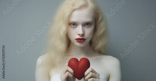Red Heart. Close up portrait of beautiful caucasian albino girl isolated on grey. Blonde female model with stylish look holding heart. Concept of facial expression, human emotions, St Valentine's day