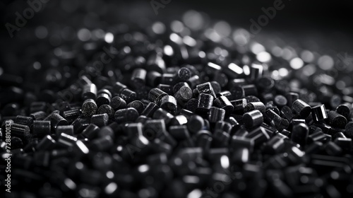 Abstract close-up of black plastic pellets with dramatic lighting