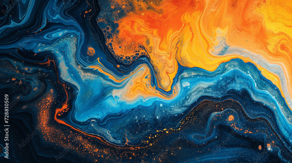 A vibrant and bold abstract painting on a marble slab with deep blue and bright yellow colors, resembling a sunset over the ocean.  - obrazy, fototapety, plakaty 