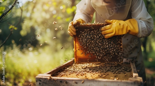 Beekeeper harvesting honey in a sunlit apiary © pier