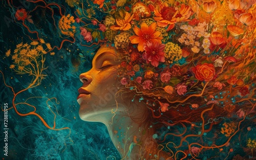 A surreal dreamscape where vibrant flowers bloom around the peaceful face of a woman, merging nature with the subconscious.