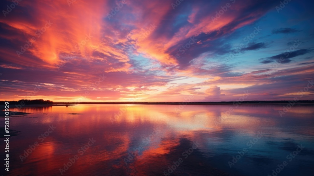 A colorful sunset over a lake. Generative AI.