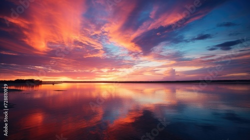 A colorful sunset over a lake. Generative AI.