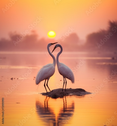 Two white birds standing on a rock in front of a sunset. Generative AI.