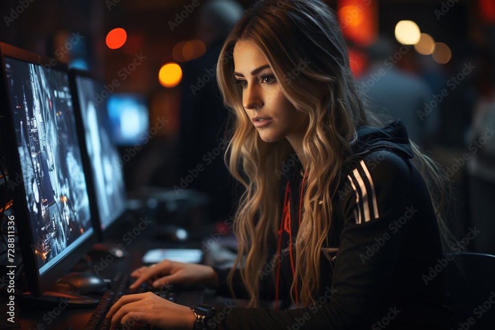 Behind the Scenes: A Female Police Officer in Uniform Concentrates on Her Computer Tasks, Supporting Law Enforcement Operations from the Police Station