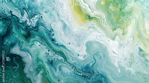 A whimsical and playful abstract painting on a marble slab with pastel green and light blue colors, resembling a garden in spring. 