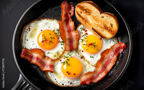 Iron pans hosting a delectable ensemble of bacon and eggs.