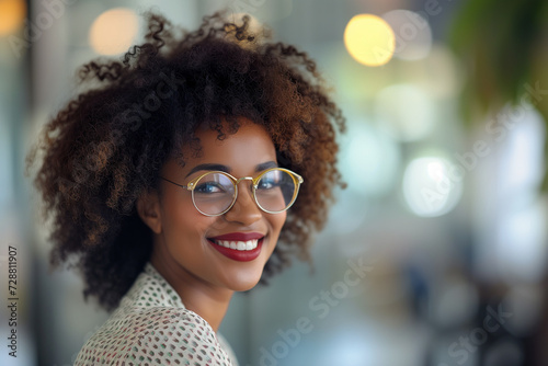 Smiling woman close-up shot on minimalist interior background, Confident African woman wearing glasses with curly afro hair, Employee of the Month wallpaper concept, Employee Appreciation Day portrait