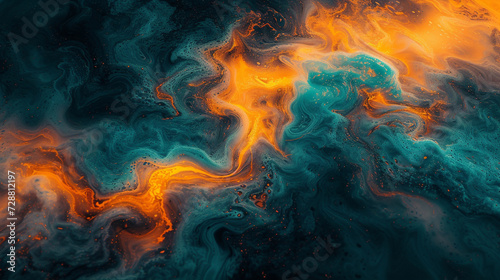 An intricate dance of fiery orange and cool teal, intertwining on a marble surface, capturing the essence of a dynamic flame. 