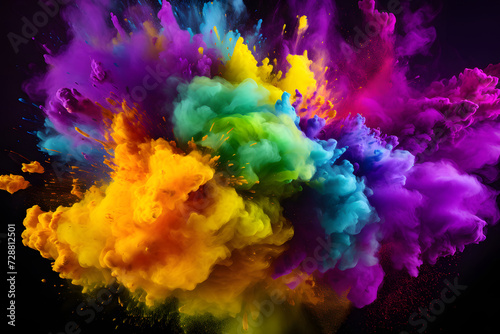 Vibrant colored powder explosion in purple, green, and gold. A dynamic burst of Holi paint powder, capturing the spirit of celebration Generative AI,