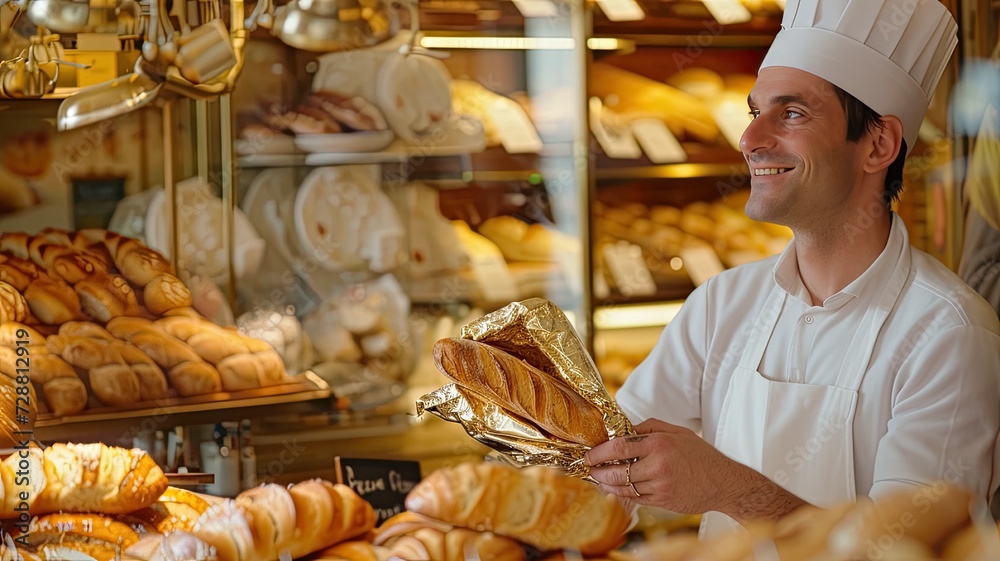 Fototapeta premium a baker handing baked baguette crafted with care, encased in a golden and glass packaging, within the cozy ambiance of a traditional French bakery, evoking, of artisanal craftsmanship.