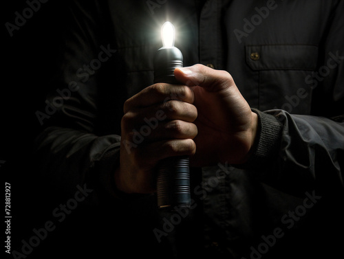 A person shines a flashlight, symbolizing illumination and casting light upon darkness.