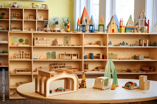 Early education Montessori classroom. Wooden educational toys, shelves, and learning resources. Promoting hands-on learning for children Generative AI,