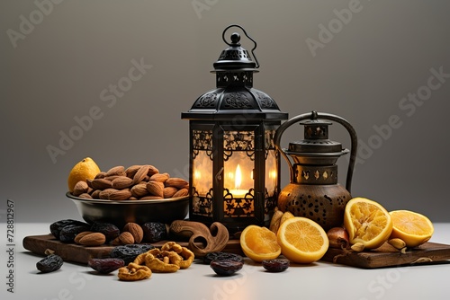 an Islamic lantern with dried fruits and nuts on a white