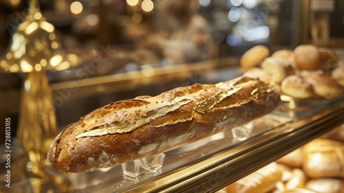a baker handing baked baguette crafted with care, encased in a golden and glass packaging, within the cozy ambiance of a traditional French bakery, evoking, of artisanal craftsmanship.