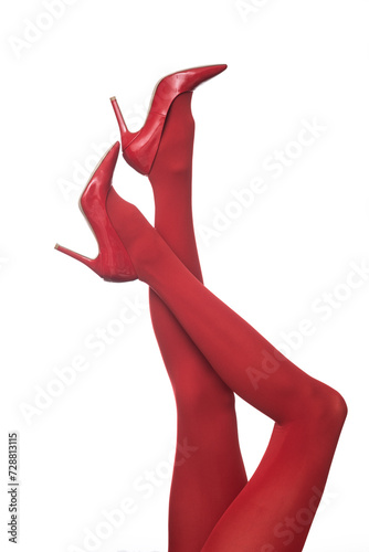 Red tights and high heels on isolated white backgroud.