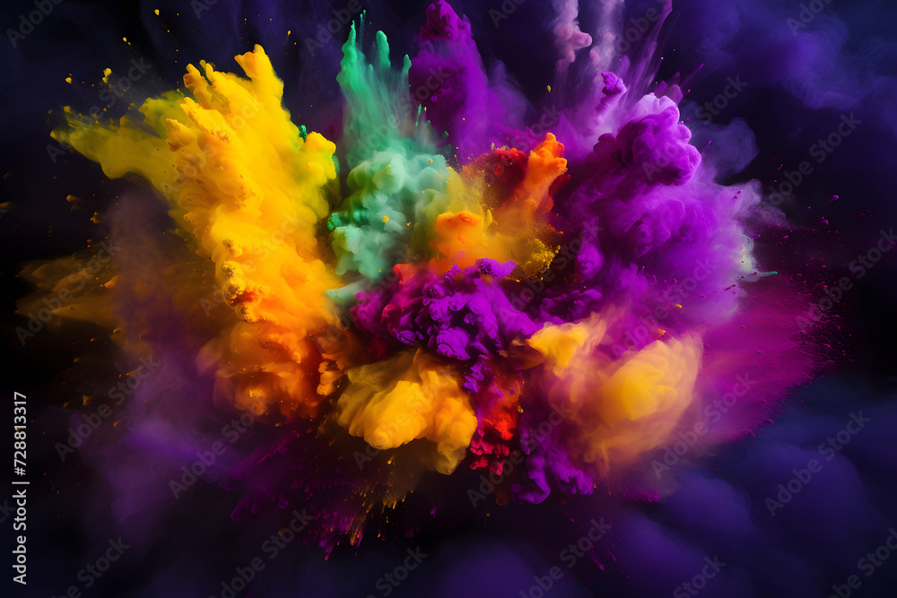 Holi paint powder explosion in lively shades of purple, green, and gold. A burst of colors reminiscent of Mardi Gras festivities.   Generative AI,