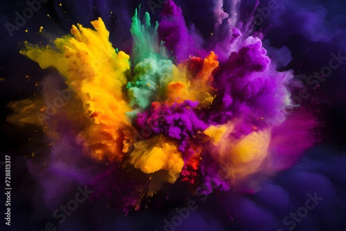 Holi paint powder explosion in lively shades of purple, green, and gold. A burst of colors reminiscent of Mardi Gras festivities. Generative AI,