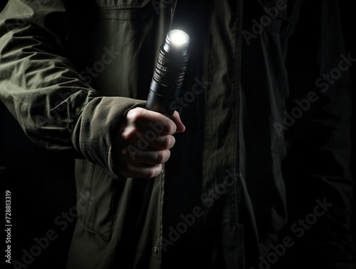 A person holding a flashlight, symbolizing enlightenment and shedding light on darkness.