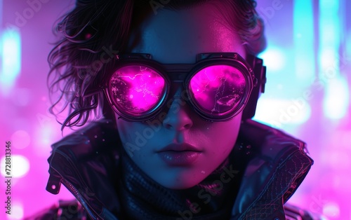 Close-up portrait of an individual with cyberpunk goggles, reflecting a vibrant, high-tech metropolis.