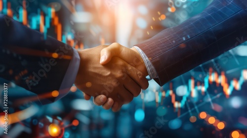 Businessmen shaking hands symbolizing successful merger negotiations, teamwork, loyalty program, trading growth, financial markets. photo