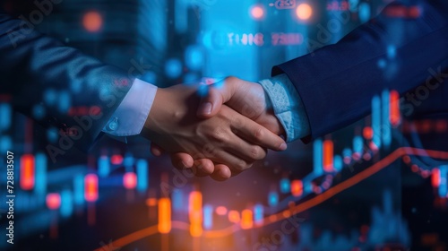 Businessmen shaking hands symbolizing successful merger negotiations, teamwork, loyalty program, trading growth, financial markets.