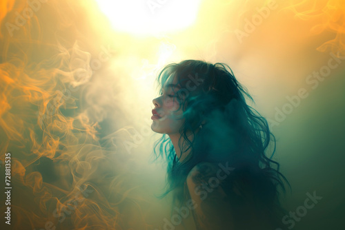 Surreal Portrait of a Woman in Smoke. Woman with Flowing Blue Hair Shrouded in Yellow Mist