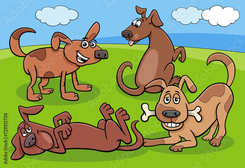 cartoon dogs and puppies characters group in the meadow