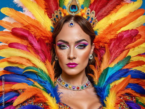 a portrait of a Trans person in a colourful sumptuous rainbow carnival feather suit, circus, drag, drag queen, pride flag, LGBT+, diversity, inclusion photo