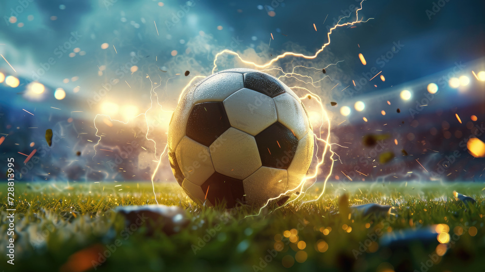 Close-up of a classic soccer ball with surrounding lightning sparks on a lush grass field, depicting an intense sports atmosphere.