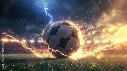 Dynamic soccer ball surrounded by lightning effects on a stadium field, illustrating energy and power in sports. © Tida