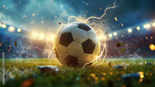 Close-up of a classic soccer ball with surrounding lightning sparks on a lush grass field, depicting an intense sports atmosphere.