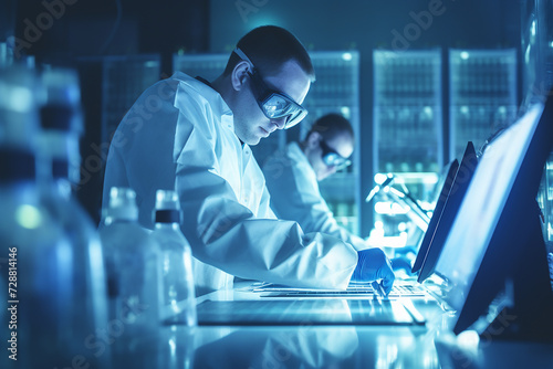 A scientist working on study in laboratory for medical research analysis, Modern science laboratory with cabinets, research desks.