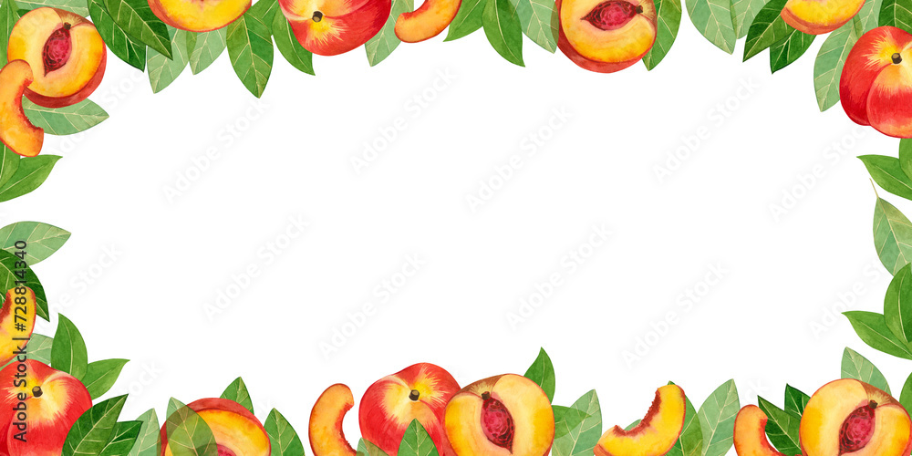Rectangular frame made of fruits. Watercolor elements of peaches and nectarines, slices of juicy fruits drawn by hand in watercolors. Suitable for packaging juices, food, fabrics, towels, kitchens.