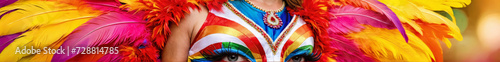 a portrait of a Trans person in a colourful sumptuous rainbow carnival feather suit, circus, drag, drag queen, pride flag, LGBT+, diversity, inclusion, leaderboard, header photo