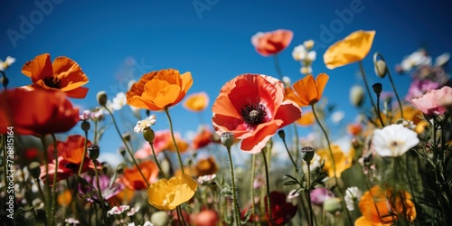 Wild poppies dance in the breeze against a perfect azure sky backdrop © Ihor