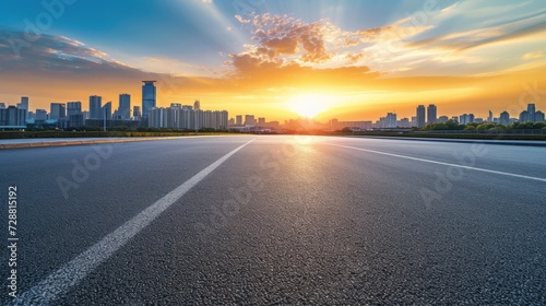 Empty asphalt road and modern city skyline with building scenery at sunset. high angle view