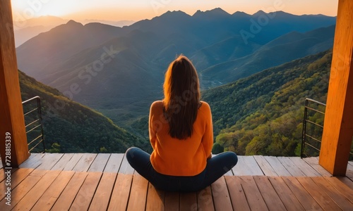 Picture from the back of a woman sitting on wooden porch extending into a high mountain cliff at sunset