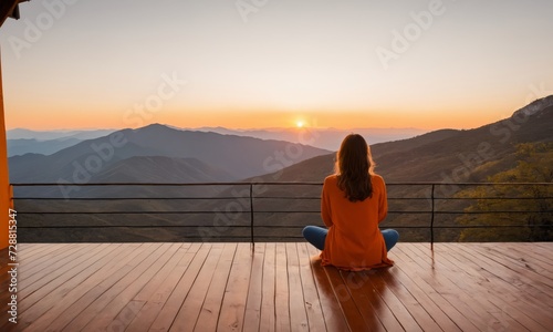Picture from the back of a woman sitting on wooden porch extending into a high mountain cliff at sunset