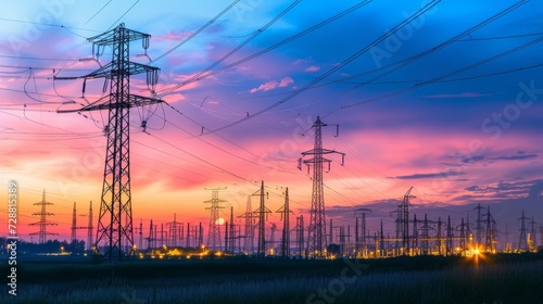 A depiction of high-voltage poles that transmit electricity, with a red sky and sunset in the background