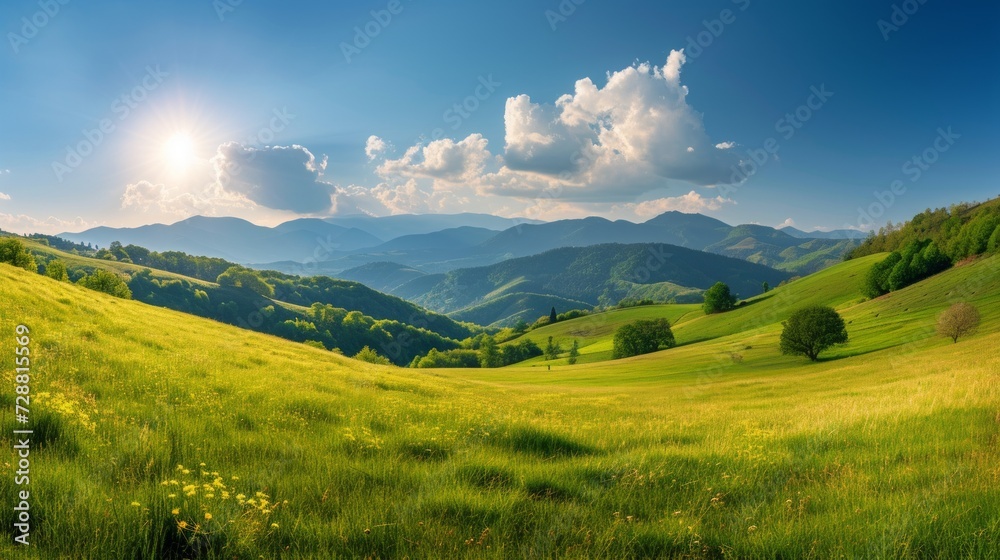 panorama of beautiful countryside of romania. sunny afternoon. wonderful springtime landscape in mountains. grassy field and rolling hills. rural scenery 
